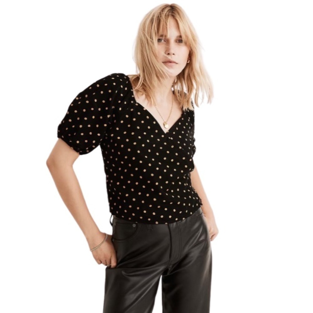 MADEWELL Corduroy Puff-Sleeve Wrap Top in Oval Dot Size S
